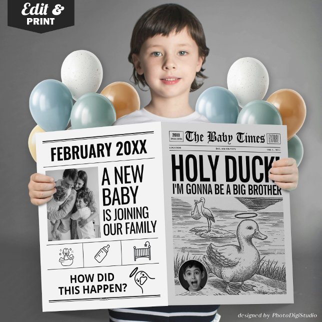 Carte Annonce de bébé drôle Journal Holy Duck  (Funny Baby Announcement Newspaper, Holy Duck Pregnancy Announcement Newspaper Card Brother Sister)