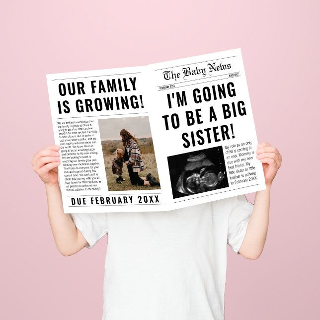 Carte Annonce de grossesse de grande sœur unique dans un (big sister pregnancy announcement newspaper style template)