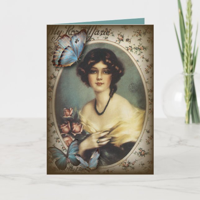 Carte Antique papillon Floral parisien fille victorienne (Devant)