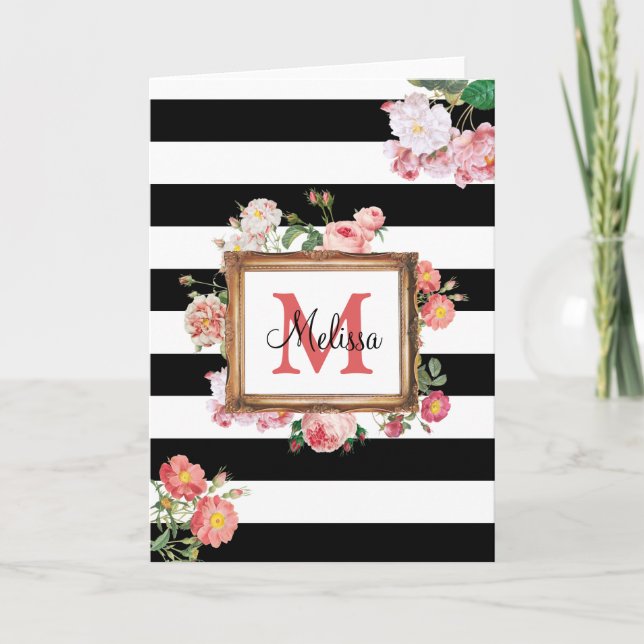 Carte Antique Vintage Floral & Stripes Monogramme (Devant)