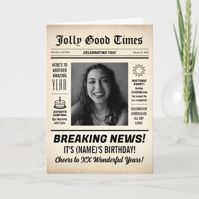 Carte Any Age, Custom Photo, Vintage Newspaper Birthday (Devant)