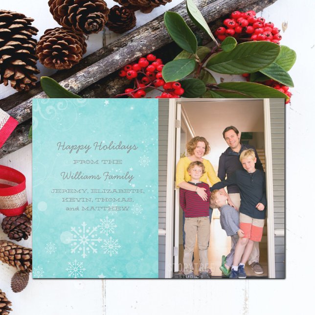Carte Appartement photo Aqua Snowflake (Aqua Snowflake Swirls Holiday Photo Card)