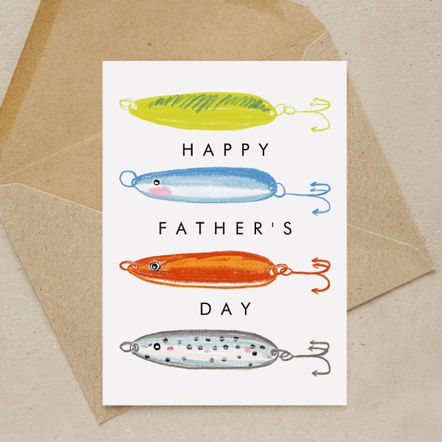 Carte Appât de pêche Bonne fête des pères (Fishing bait illustration Happy Father's Day greeting card.)
