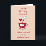 Carte Apricot Café & Amis voeux d'anniversaire<br><div class="desc">Personnalisez cette carte de voeux d'anniversaire avec un nom et changez l'autre texte si vous préférez. Conçu en abricot et rouge avec une tasse de café et les coeurs d'amour. Pour un amoureux du café bon ami.</div>