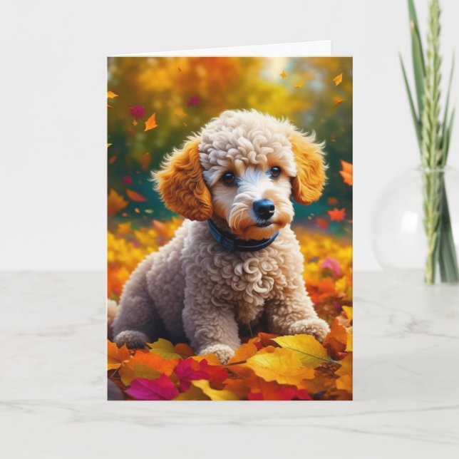 Carte Apricot chiot dans les feuilles d'automne blanc (Devant)