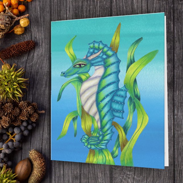 Carte Aqua Bleu Vert Imaginaire Dragon de mer en Bleu d' (Fantasy sea dragon or seahorse aqua blue and green in seaweed on note card.)