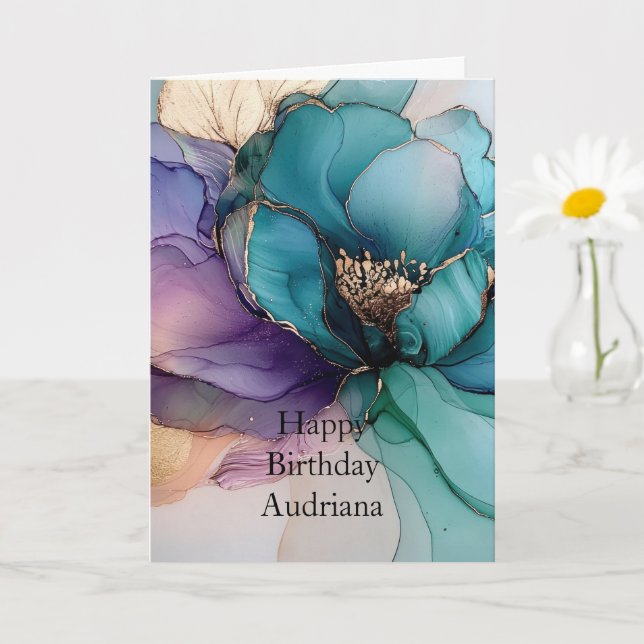 Carte Aqua Bleu Violet Or Floral Anniversaire (Petite plante)