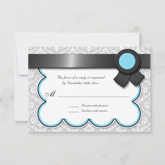 Carte Aqua Blue & Grey Mariage damassé Réponse / C (Devant)