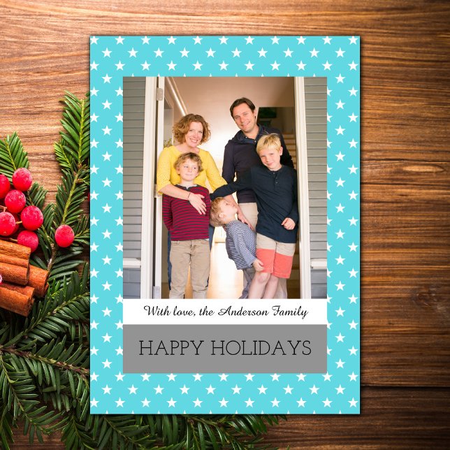 Carte Aqua Festive Stars Holiday Photo Flat Card (Aqua Festive Stars Holiday Photo Card)