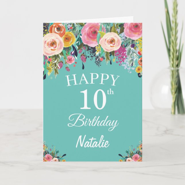 Carte Aquarelle 10e anniversaire Fleurs florales Turquoi (Devant)
