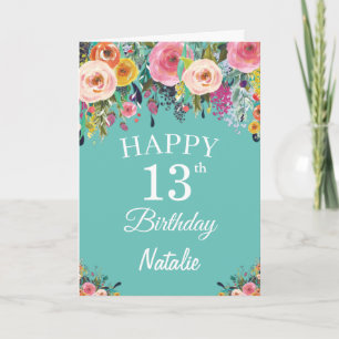 Carte Aquarelle 13e anniversaire Fleurs florales Turquoi