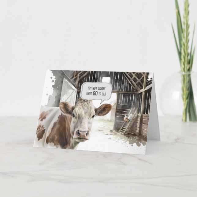 Carte Aquarelle 80e Anniversaire Vache en Grange (Devant)