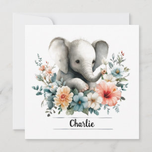 Carte Aquarelle adorable bébé éléphant avec nom personna