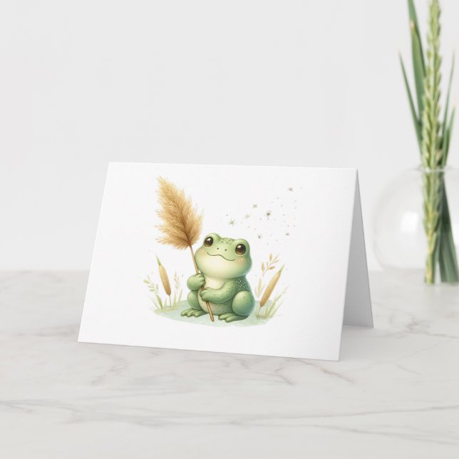 Carte Aquarelle adorable Grenouille avec Pampas Grass Bl (Devant)