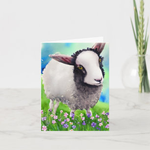 Carte Aquarelle agneau noir et blanc Pâques printemps