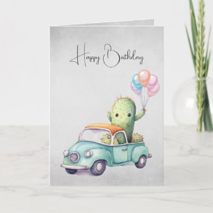 Carte Aquarelle Anniversaire Cactus En Camion Rétro