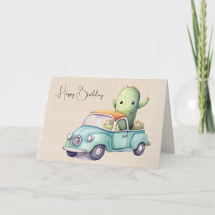 Carte Aquarelle Anniversaire Cactus En Camion Rétro