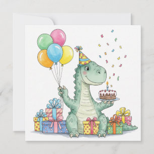 Carte Aquarelle Anniversaire Dinosaure avec Casquette de