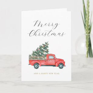 Carte Aquarelle Arbre de Noël & Camion Rouge Merry X-mas