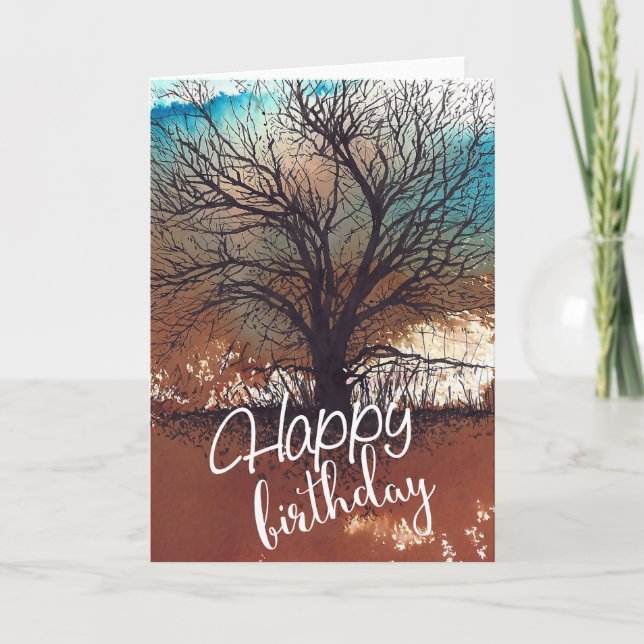 Carte Aquarelle Arbre encrée Art Joyeux Anniversaire (Devant)