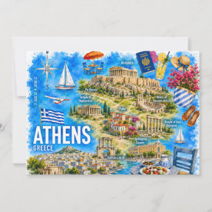 Carte aquarelle Athènes Grèce Acropole Monument Ca