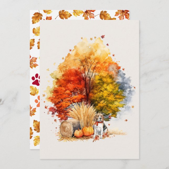 Carte Aquarelle Automne Chien Design - Beagle (Devant / Derrière)
