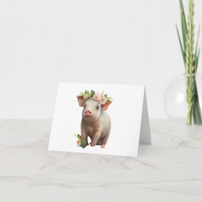 Carte Aquarelle Baby Piglet avec Fleurs sur tête BLANC (Devant)