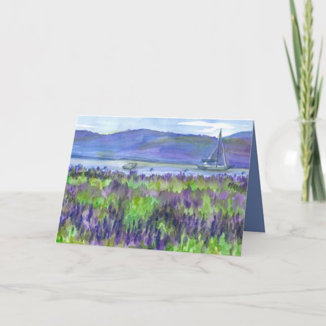 Carte Aquarelle bateau à voile Lupines Joyeux anniversai (Devant)