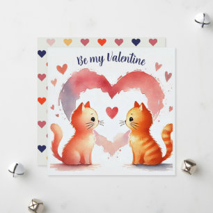 Carte aquarelle "Be My Valentine" Chats orange