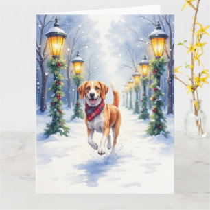 Carte Aquarelle Beagle Parc enneigé Noël Fêtes