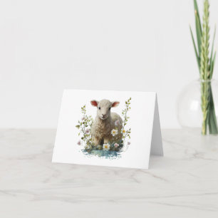 Carte Aquarelle Bébé agneau avec fleurs BLANC