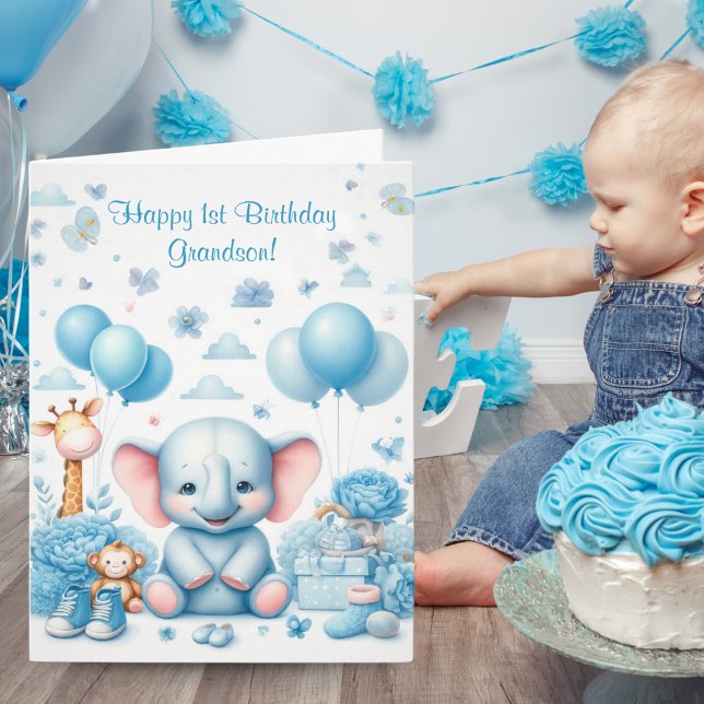 Carte Aquarelle Bébé Blue Elephant 1er anniversaire (Family Keepsake: Watercolor Elephant 1st Birthday Card)