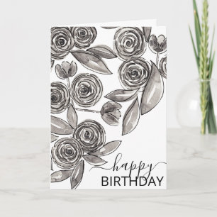 Carte Aquarelle blanche et noire chic, joyeux anniversai
