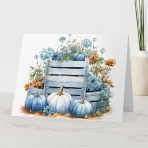 Carte Aquarelle Bleu Citrouilles & Fleurs