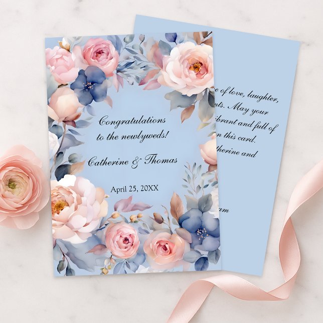 Carte Aquarelle bleu doux Mariage floral Félicitations (Créateur téléchargé)