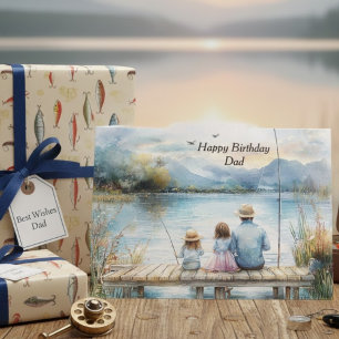 Carte Aquarelle Bleu Vert Pêche Papa Joyeux Anniversaire