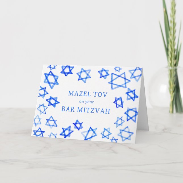 Carte Aquarelle Blue Stars MAZEL TOV Bar Mitzvah (Devant)