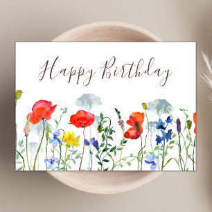 Carte Aquarelle Boho Fleur sauvage Poppies Joyeux annive