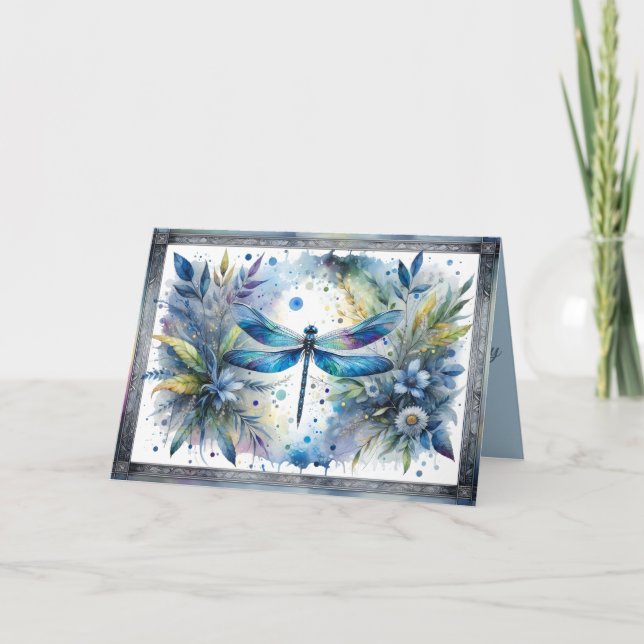 Carte Aquarelle botanique de libellule bleue (Devant)