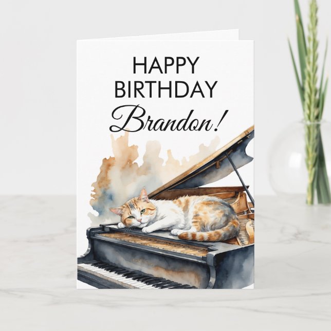 Carte Aquarelle Brown Grand Piano Chat Anniversaire (Devant)