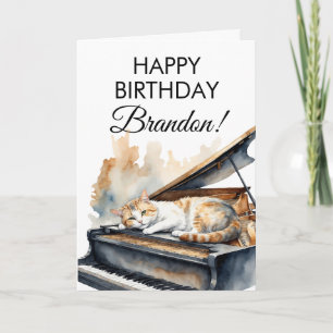Carte Aquarelle Brown Grand Piano Chat Anniversaire