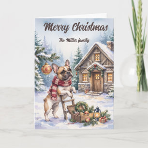 Carte Aquarelle Bulldog français Noël en forêt