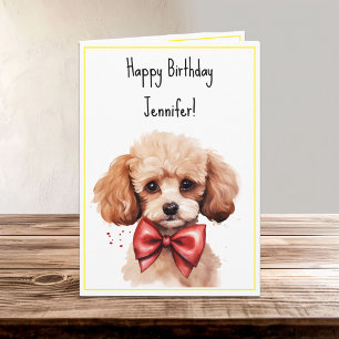 Carte Aquarelle caniche Chien chiot Nom de l'anniversair
