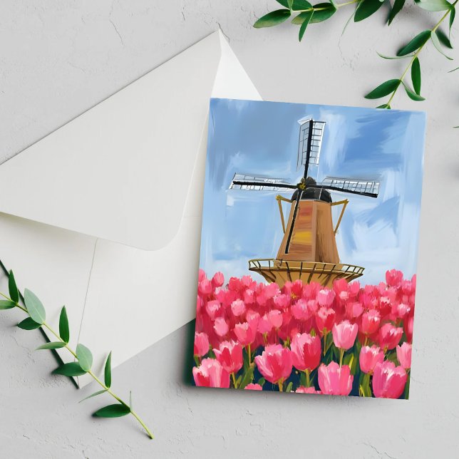 Carte aquarelle champ de fleurs de tulipes moulin  (Créateur téléchargé)
