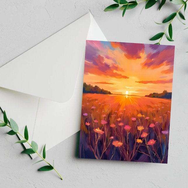 Carte aquarelle champ de fleurs heure dorée couche (Créateur téléchargé)