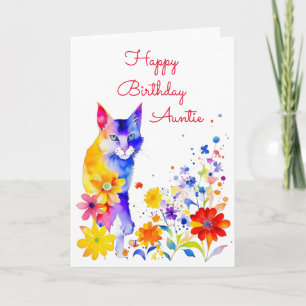 Carte Aquarelle Chat et Fleurs Anniversaire Personnalisé