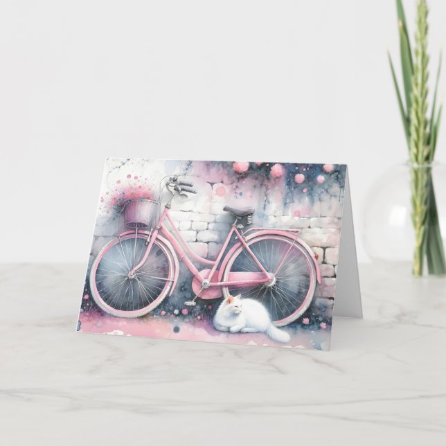 Carte Aquarelle Chat et Vélo rose Anniversaire (Devant)