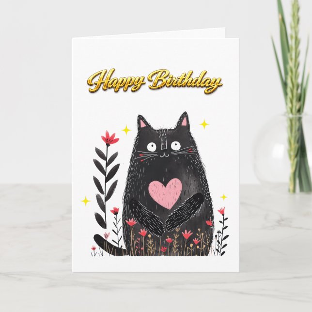 Carte Aquarelle Chat Noir Fleur Rose Anniversaire (Devant)