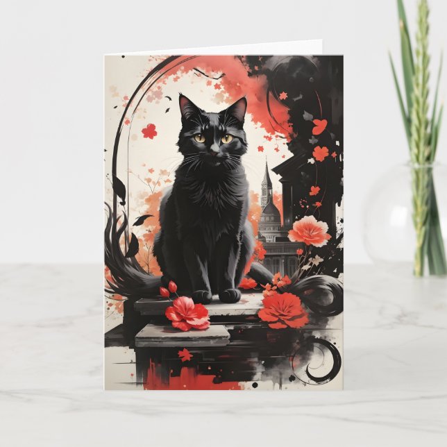 Carte Aquarelle Chat Noir Taches Art Fleurs Blanc  (Devant)