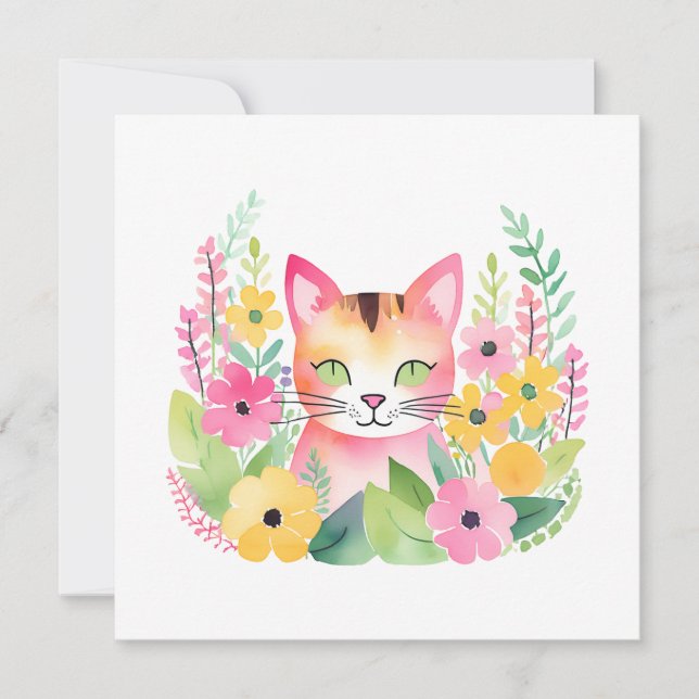 Carte Aquarelle Chat rose et Fleurs d'été (Devant)